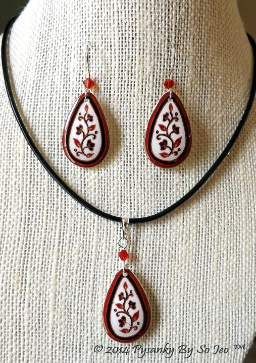 Red  and White Spring Vines Teardrop Earrings and Matching Necklace Pysanky Jewelry by So Jeo